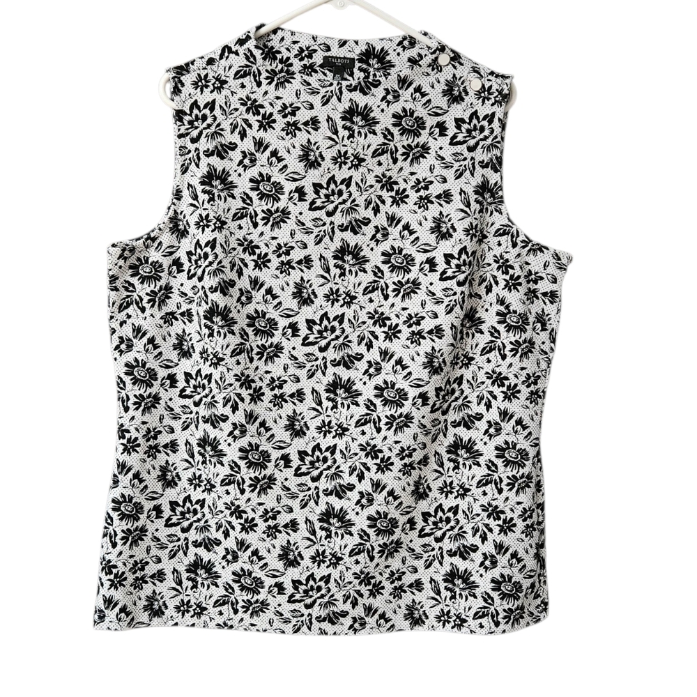 Talbots Funnel Neck Tank Dotted Floral Women 2X Black White